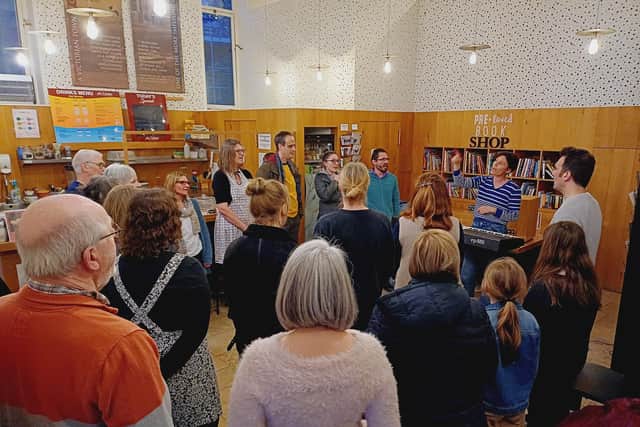 Maura Cook Collins led a scratch choir at a successful charity musicathon in Caistor earlier this year. Image: Dianne Tuckett