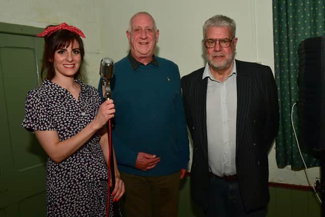 Horncastle and District RBL 80th anniversary of the Dambuster's Raid, with singer Claudia Bush, chairman Julian Millington, and committee member Julian Cousins.