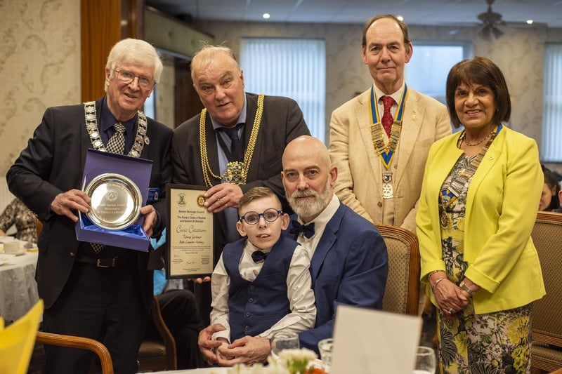 Award winner Thomas Gardner with his dad, also pictured are Rotary members and Boston Mayor, Coun David Brown.