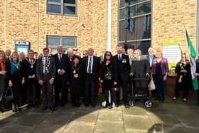 ​Dignitaries gathered outside the Guildhall for a special flag raising to mark 50 years of the council