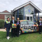 Trudie McCarthy, ambassador for The OddBalls Foundation, with pupils from Somercotes Academy.