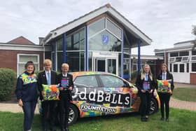 Trudie McCarthy, ambassador for The OddBalls Foundation, with pupils from Somercotes Academy.
