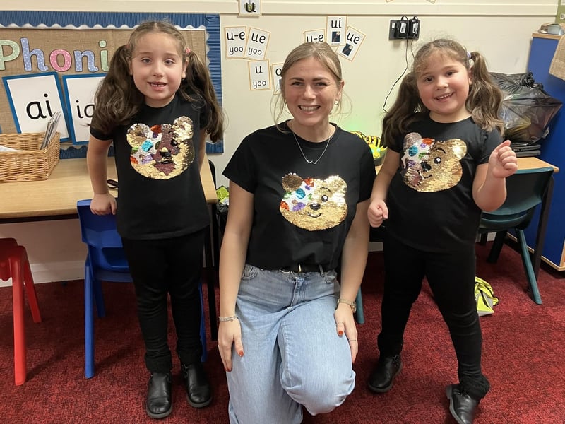 A trio of Pudsey bear t-shirts worn at Boston's Staniland Academy for Children in Need.