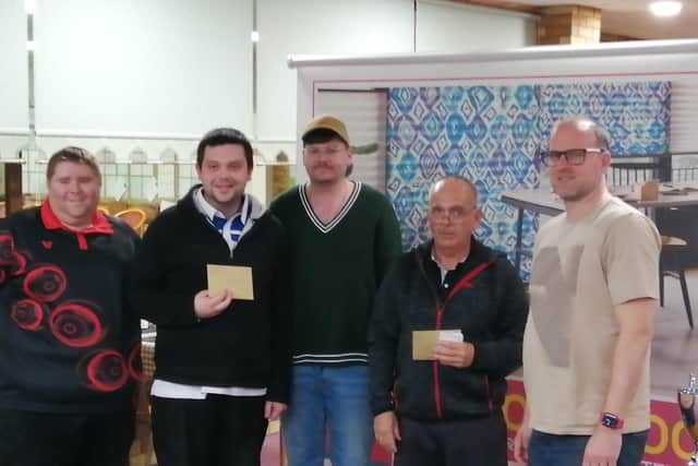 Runners up Chris Ballard, Stephen Harris, Tom Newman, organiser Mark Brown, sponsor Stuart Griffiths