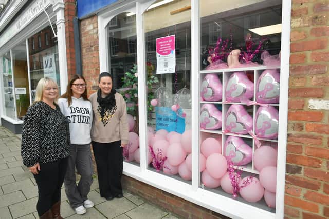Debbie Carlin, Megan Cartwright and Hayley Coxon of MSR Newsgroup who donated  £429.70 to Turn Louth Pink.