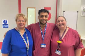 From left: Theatres Ophthalmic Team Leader Emma Langdon-Manning, Ophthalmology Consultant and Retinal Surgeon Mr Ahmed Javed and Registered Nurse Associate Leanne Mosavie. All three were part of the Theatres Team delivering care for Lincoln’s first emergency retinal surgery.