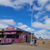 The Blue Flag flying on Skegness beach.