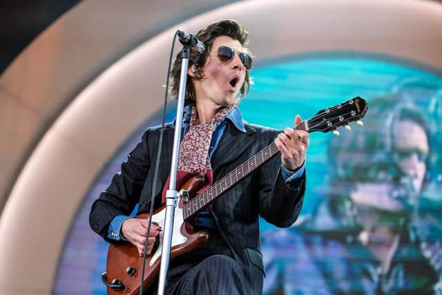 Alex Turner on stage at Hillsborough Park.