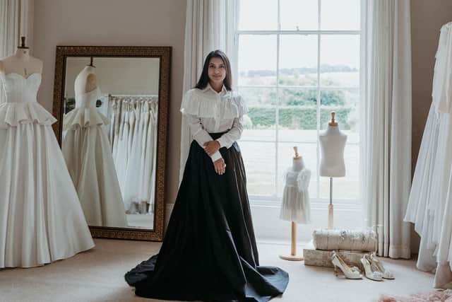 Sustainable bridal designer Sanyukta Shrestha has been announced a finalist in Britain’s Asian Wedding Awards. Photo: Kev Elkins Photography