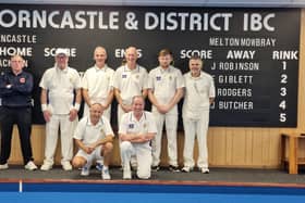 Seven of the eight home Denny Plate team. Umpire Les Smith, team members (l-r) Norman Burton, Keith Jackman, Mark Burn, Chris Parker, Brent Rickard. (Kneeling l-r) Paul Bark and John Rapley.