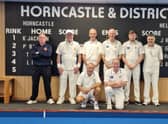Seven of the eight home Denny Plate team. Umpire Les Smith, team members (l-r) Norman Burton, Keith Jackman, Mark Burn, Chris Parker, Brent Rickard. (Kneeling l-r) Paul Bark and John Rapley.