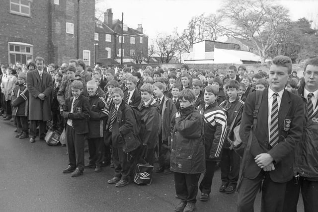 Pupils from Boston Grammar School await the declaration of the Beast Mart - a half-day holiday - in December 1997.