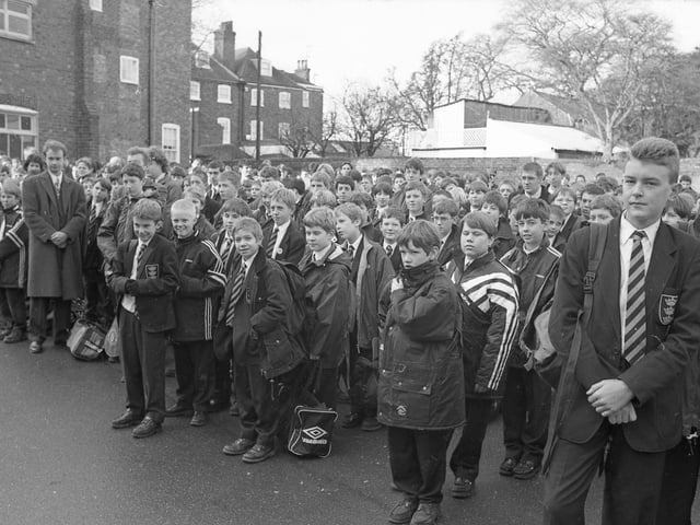 Pupils from Boston Grammar School await the declaration of the Beast Mart - a half-day holiday - in December 1997.