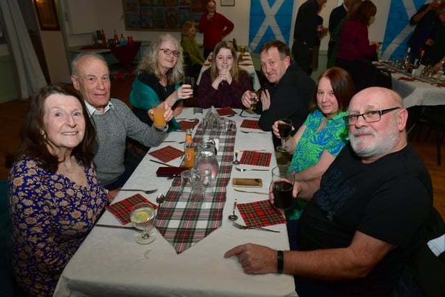 L-R Jenny Rysz, Dave Lloyd, Eileen Potter, Ellie Potter, Colin Potter, Linda and Ron Timms enjoying the Burns Night at Ewerby.
