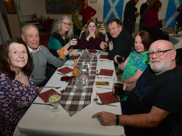 L-R Jenny Rysz, Dave Lloyd, Eileen Potter, Ellie Potter, Colin Potter, Linda and Ron Timms enjoying the Burns Night at Ewerby.