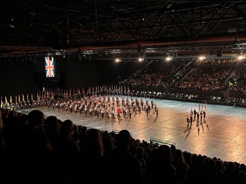 Skegness Branch Chairman and Standard Bearer, Kev Woolley, wleading out with the Colour Party with the Union Standard at this year's Birmingham International Tattoo.