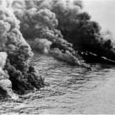 Fires break out following the collision in the North Sea. Photo: Getty Images