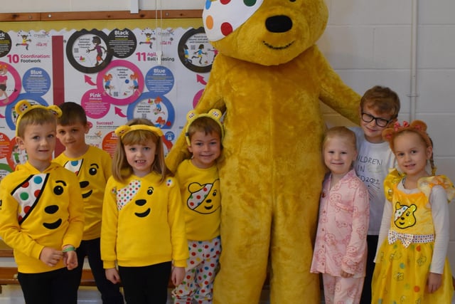Pupils from Staniland Academy meet Pudsey Bear.