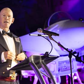 Station commander, Group Captain Andy Hampshire, welcomes guests to the CAFTAS at RAF Coningsby. (PHOTO BY: Sgt Nicholas Egan/RAF)
