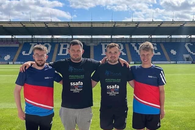 RAF Coningsby's Daniel Holt, Ash Taylor, Kyle MacLeod, and Jake Langley at Colchester Utd.