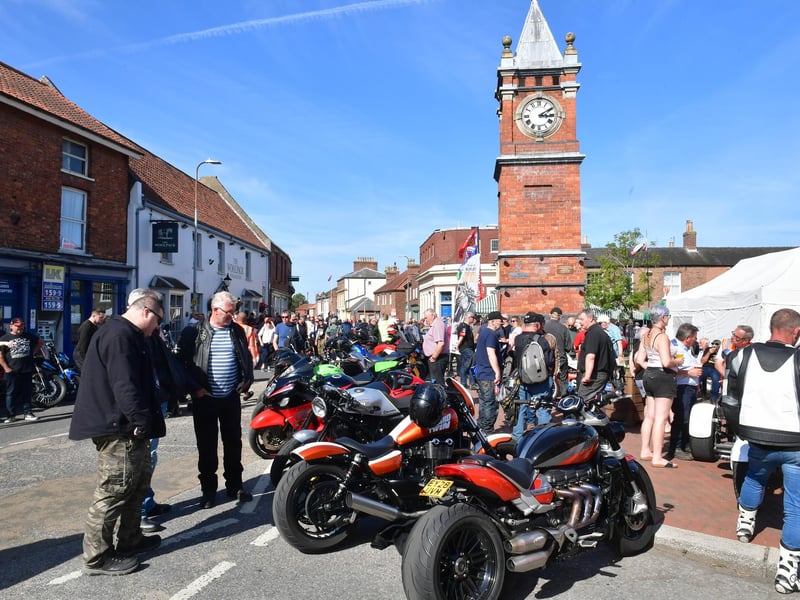 Crowds in the Market Place in Wainfleet for the bike night.