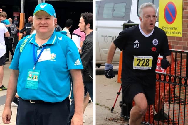 Martin Jackson, before and after his weight loss success with MAN v FAT, (LEFT) as a Euro 2020 volunteer (in 2021) and (RIGHT) at the end of a 10k run in 2023.