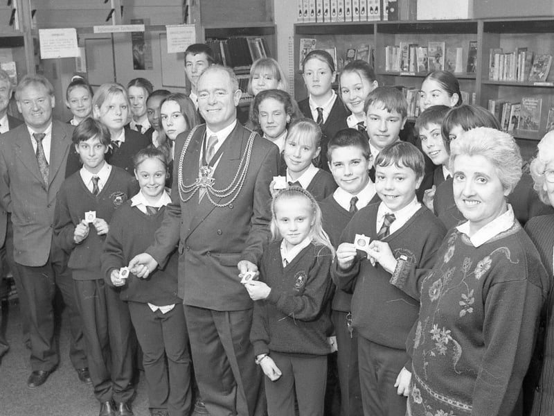 Pupils from St Bede's School, Boston, being presented with millennium medals as a reminder of the year 2000. The medals - given to schoolchildren by Boston Borough Council -were presented by Mayor of Boston Coun Paul Goodale.