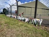 Floral tributes left at the Battle of Britain Memorial Flight (BBMF).