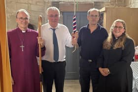 From left - Bishop of Grantham, The Right Reverend Nicholas Chamberlain, Richard Cummins (churchwarden), Richard Toft (Folkingham Churchwarden who helped with the restoration), Reverend Rebecca Rock, Priest-in-Charge of Billingborough and South Lafford, who attended the blessing of the restored bell at Swarby church.