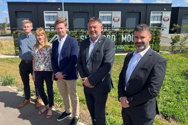 The ecoPlant would be sited on plot two of SMEP, subject to a successful planning application. Pictured from left: Eddisons Surveyor William Nuttall, NKDC Economic Development Manager Suzanne Feneley, Clean Planet Energy Director of Expansion and Development Tom Field, North Kesteven District Council Leader Councillor Richard Wright, and the council’s Assistant Director of Economy Tony Mabbott. Photo: NKDC
