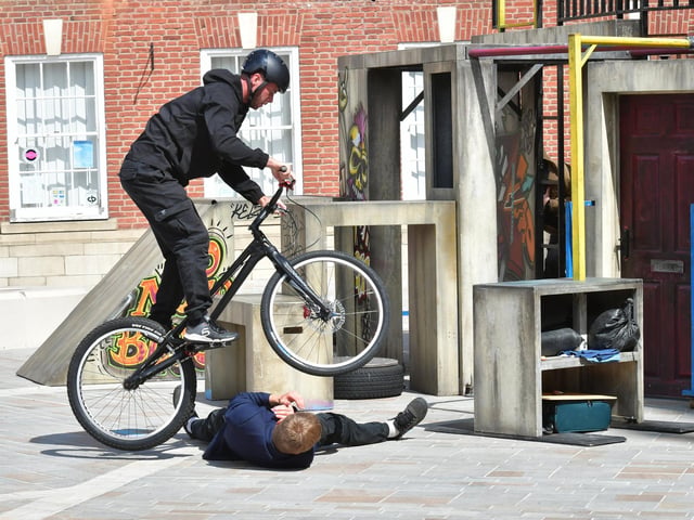 Bike stunts brought energy to the open air theatre show in Sleaford, highlighting youth and knife crime.