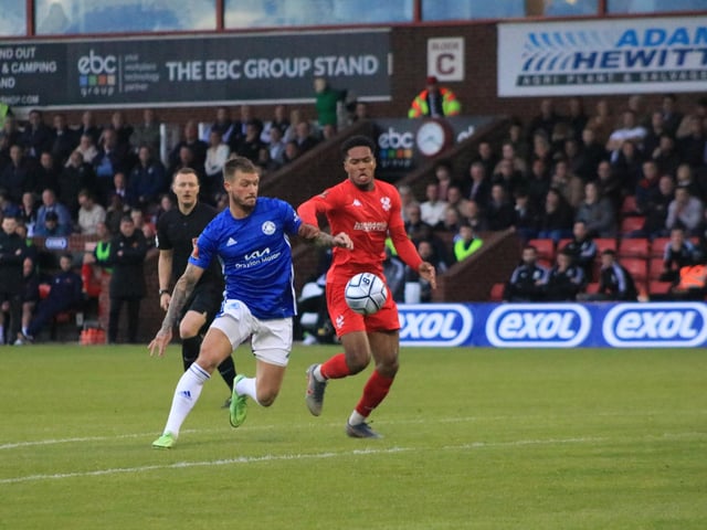 Brad Abbott in action for Boston United in their 2-1 National League North eliminator win at Kidderminster harriers. Photo: Oliver Atkin