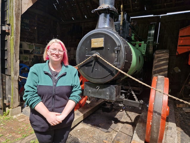 Naomi Walton, manager of The Village Church Farm museum in Skegness, with Bob the traction engine.