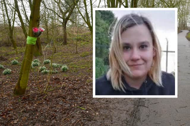 Flowers left at Witham Way Country Park, where Ilona's remains were found. Inset: Ilona Golabek.