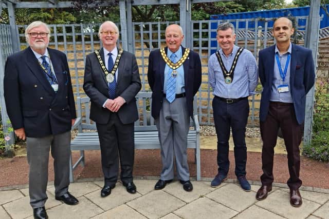 Lindsey Lodge Chairman Alan Bell (left) is pictured with The Mayor of North Lincolnshire, Cllr John Briggs (second left), The Mayor Brigg, Cllr Brian Parker (centre), Mayor of Bottesford, Cllr John Davison (second right) and Former Chair of North Lincolnshire Clinical Commissioning Group Dr Faisal Baig (right)