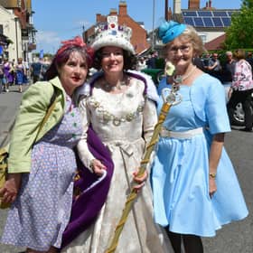 Even the 'Queen' popped along to enjoy the fun. Dressed for nostalgia are (from left)  Donna Attrill, Louise Rushworth and Margaret Burgin