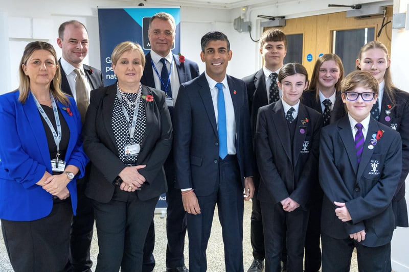 Pictured, from left: Katie Belcher, Head of School, Giles Academy, Matt Warman MP, Lucy Conley, Chief Executive Officer, South Lincolnshire Academies Trust, Will Hawkins, Chair of the Trust Board, South Lincolnshire Academies Trust, PM Rishi Sunak, Billy Mustill, Millie Wood, Ruby Morley, Logan Burrell and Charlotte Donnelly. Photo supplied