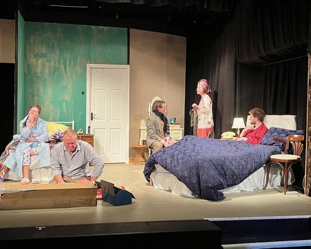 The cast of Bedroom Farce, from left: Malcolm (Mark Emmerson) and Kate (AnnaMaria Vesey), Malcolm (Russell Alder), Jan (Lucy Mosdell) and Nick (Dan Barratt).