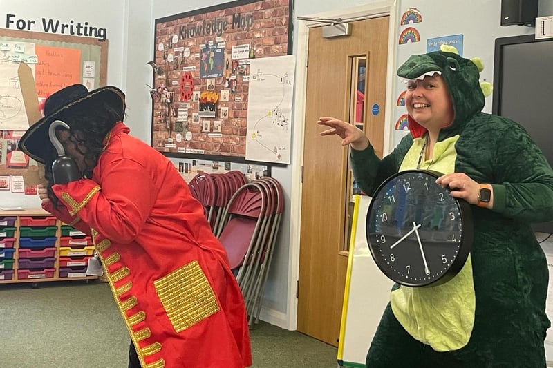 Captain Hook and the crocodile during World Book Day at William Alvey School.