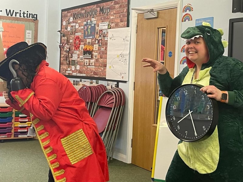 Captain Hook and the crocodile during World Book Day at William Alvey School.