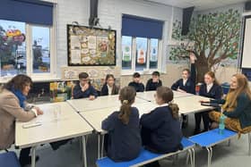Louth and Horncastle MP Victoria Atkins discusses issues with Year 5 and 6 pupils at Halton Holegate Primary School.
