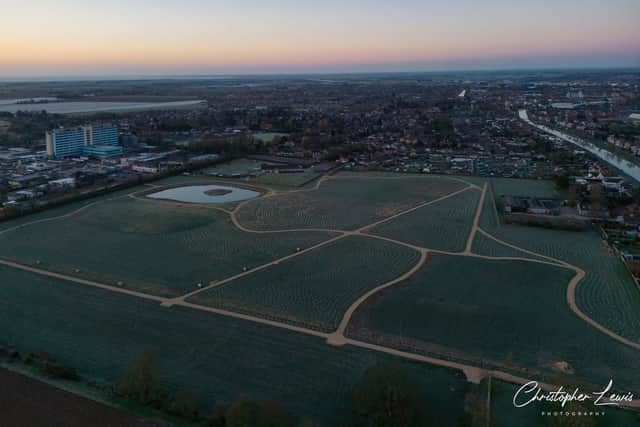 Christopher Lewis Photography's aerial photo of Dion's Wood, situated near to Boston's Pilgrim Hospital.