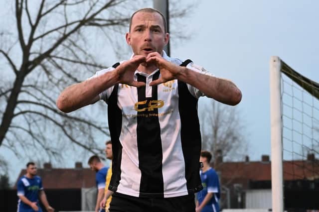 Brett Agnew celebrates scoring against Louth earlier this season. Photo: Anna Backstrom/BTFC.