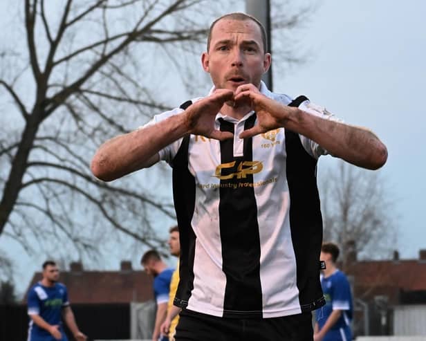 Brett Agnew celebrates scoring against Louth earlier this season. Photo: Anna Backstrom/BTFC.