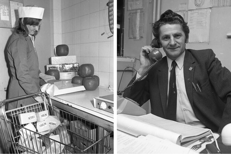 LEFT: Pat Harley, seen here in the foodhall's behind-the-scenes 'preparation room', cutting and wrapping individual portions of cheese from large, fresh, whole block cheeses. RIGHT: Maurice Callow, manager of Oldrids Foodhall. "We believe we have managed to retain the friendly atmosphere of the small shop in a big store setting," he said. Among the specialty items to be found were: several varieties of Italian pasta, a full range of quality teas from Jacksons of Piccadilly, Norwegian slimming breads, marron puree, and imported pates.