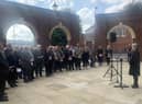 Coun Angela Lawrence, chairman of West Lindsey District Council, reading the proclamation to the crowd outside the Guildhall