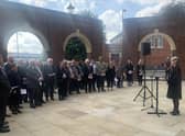 Coun Angela Lawrence, chairman of West Lindsey District Council, reading the proclamation to the crowd outside the Guildhall