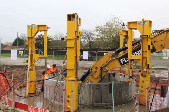 The new water holding tank during construction on land near The Wong and the Old River Bain. Photo: Anglian Water