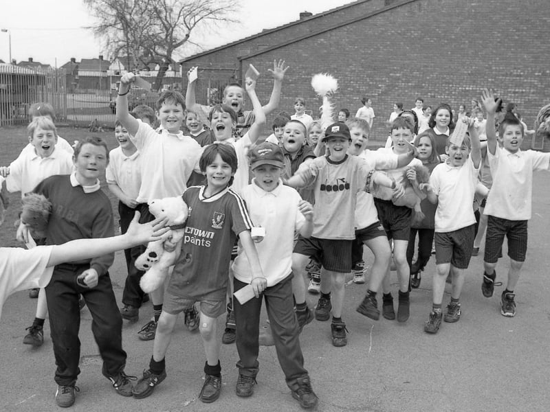 Children at Carlton Road Primary School, of Boston, taking part in a sponsored walk to raise funds for new computers.