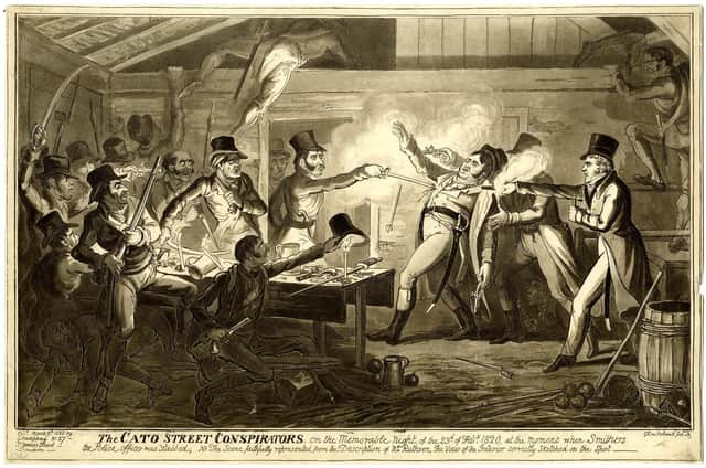 Contemporary engraving showing the moment the plot was foiled and Arthur Thistlewood stabbed policeman Richard Smithers.
